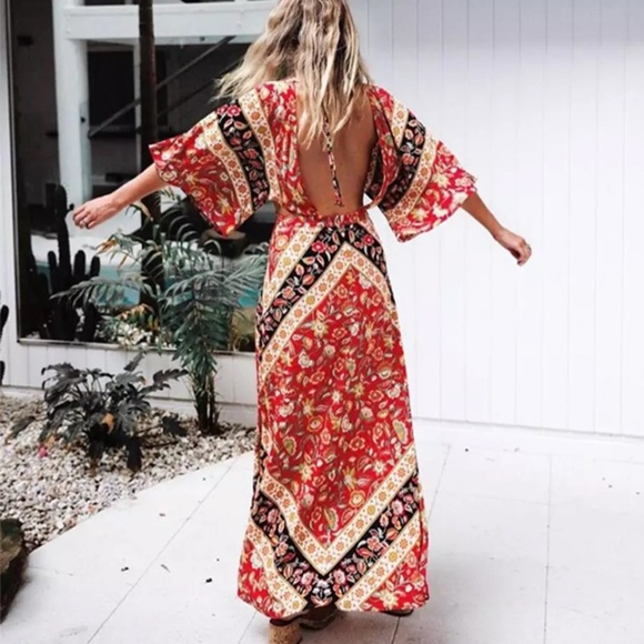 SOLD OUT Red Boho Floral Printed Open Back Maxi Dress - Picture 2 of 4